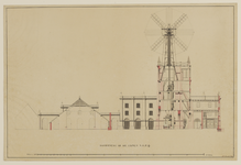 216573 Doorsnede (N-O-P-Q op de plattegrond nr. 216568) van het gebouwencomplex met molen van de cementfabriek van J.H. ...